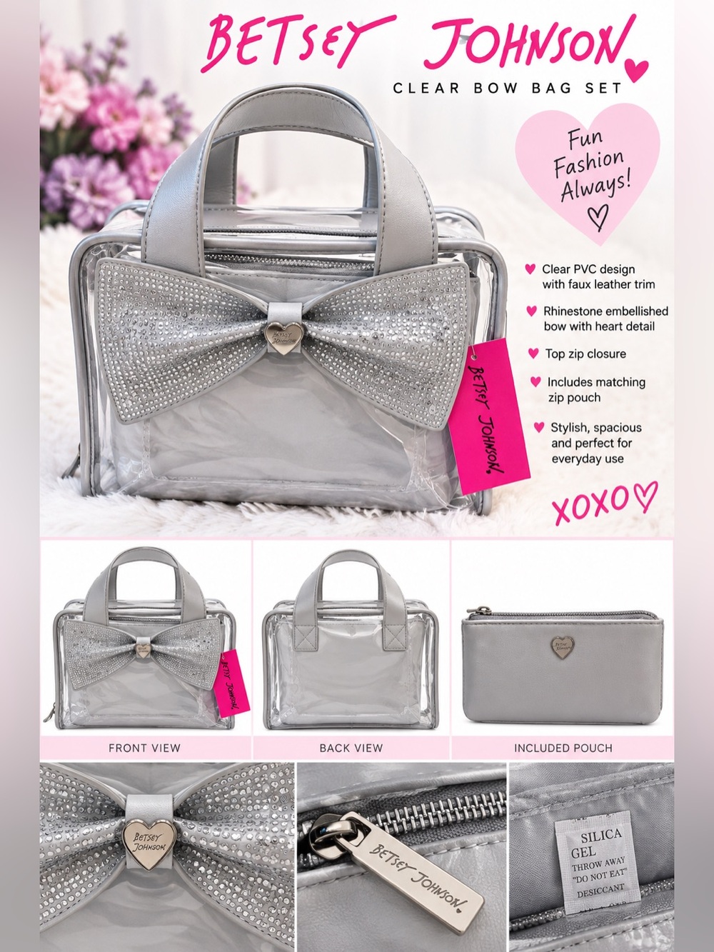 Betsey Johnson Silver Clear Bow Nesting set Tote with Matching Pouch